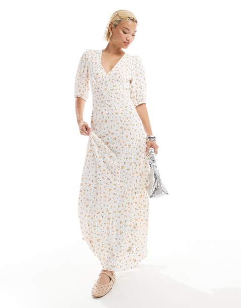 Glamorous v-neck ditsy print midi dress in white and orange - view 1