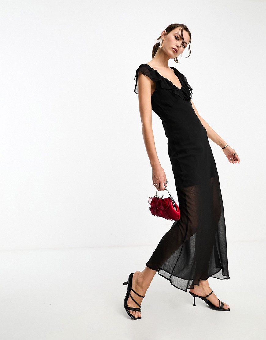 Glamorous V Neck Frill Detail Sheer Overlay Midi Dress In Black
