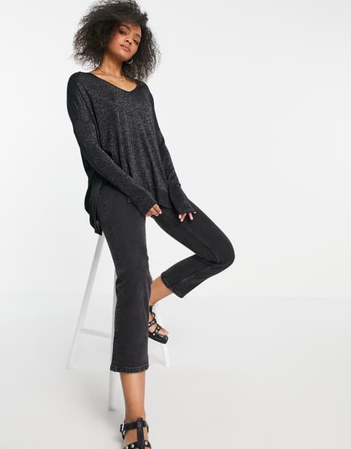 Glamorous V neck glitter jumper in black