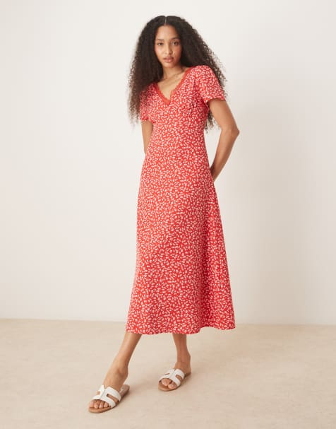 Glamorous v neck lace trim midi tea dress in red ditsy floral - view 1