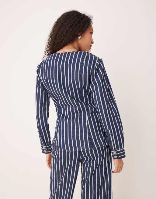 Glamorous v neck long sleeve blouse in blue denim stripes