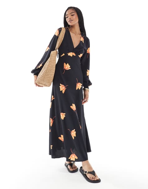 Glamorous V-neck long sleeve maxi dress in black orange flower - view 1