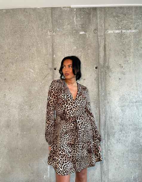 Glamorous V neck long sleeve mini dress in natural leopard - view 1