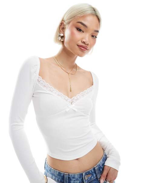 Glamorous V-neck long sleeve top in off white - view 1