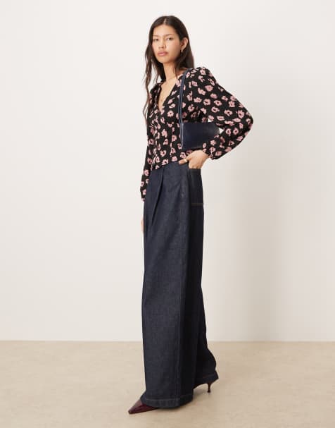 Glamorous V neck long sleeves tops in black pink splodge - view 1