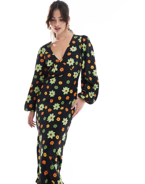 Glamorous V neck midi dress in black green flower - view 1