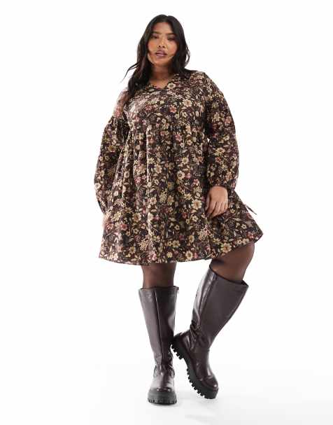 Glamorous V-neck midi dress in brown floral