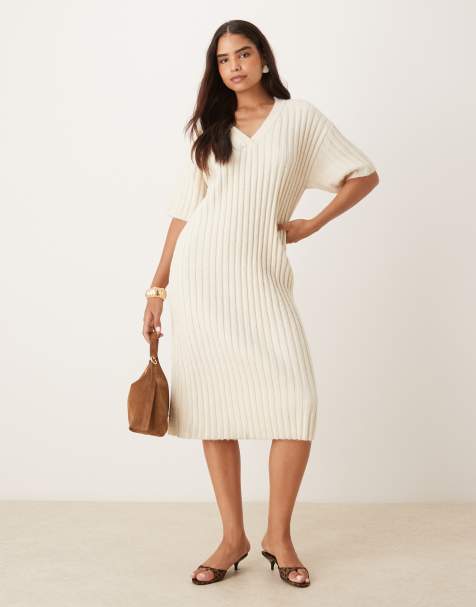 Glamorous v neck midi dress in ecru