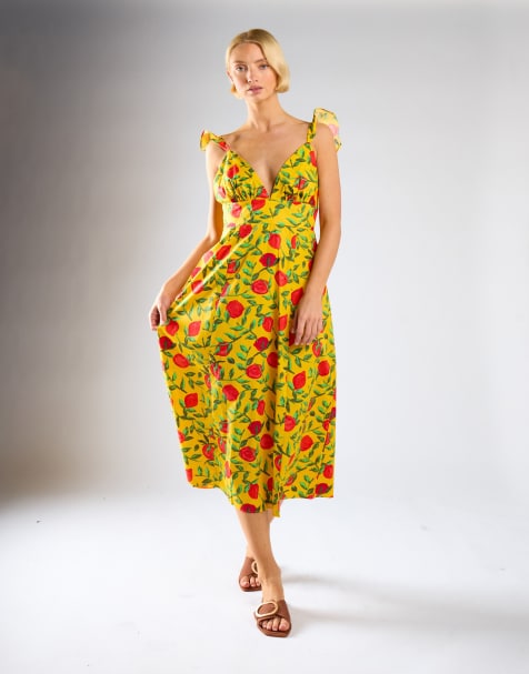 Glamorous V neck midi dress in yellow red fruit - view 1