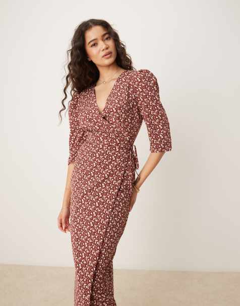 Glamorous V neck midi dresses in maroon ditsy floral - view 1
