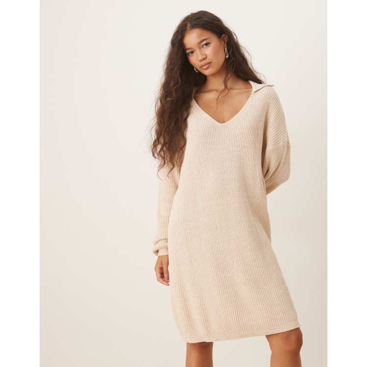 Glamorous V-neck midi length sweater dress in beige heather ASOS