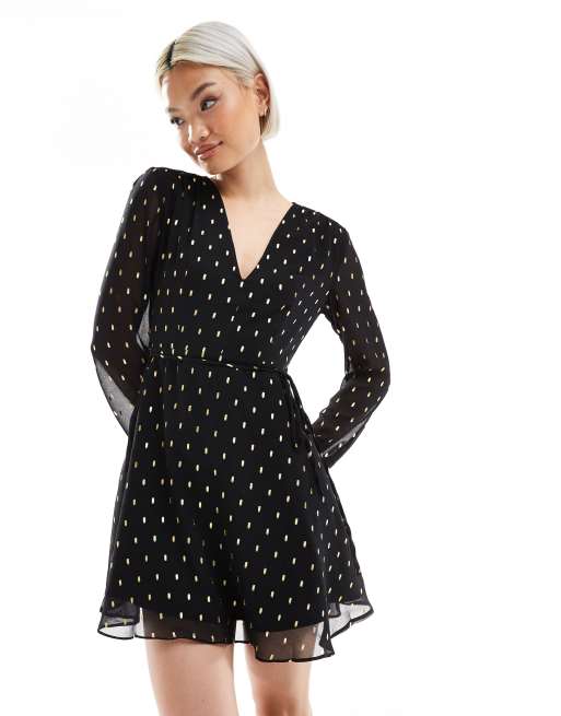 Glamorous v-neck mini dress with waist tie in black gold spot, 2 of 4