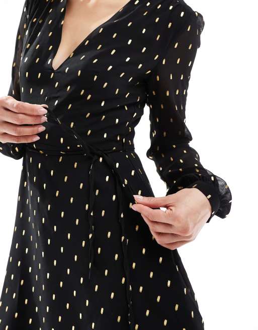 Glamorous v-neck mini dress with waist tie in black gold spot, 4 of 4