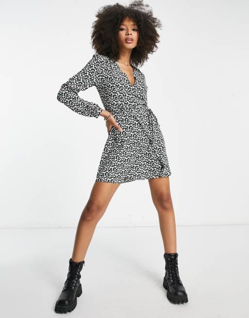 Glamorous Ditsy Print Plunge Mini Dress In Black And Yellow, 52% OFF