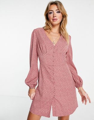Glamorous v-neck mini tea dress with balloon sleeves in pink ditsy