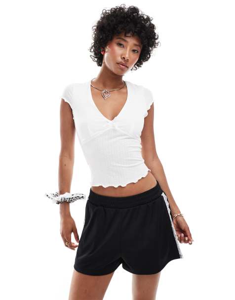 Glamorous v neck pointelle fitted t-shirt with bow - view 1