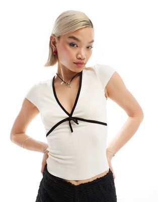 Glamorous V Neck Pointelle Ribbed Top With Black Contrast Ribbon And Bow-white
