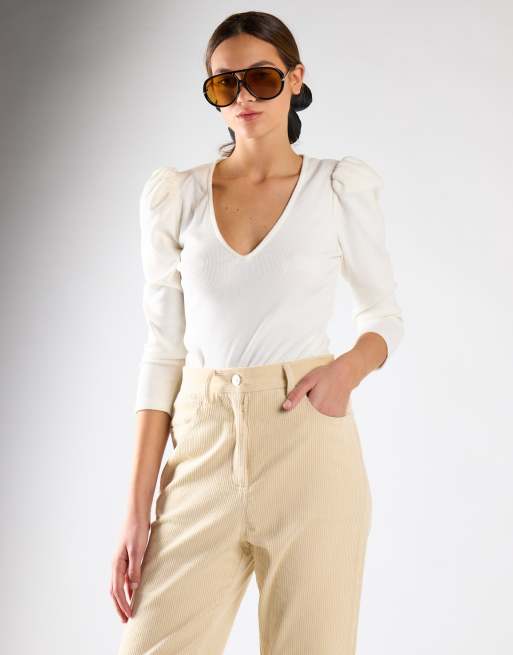 Glamorous V-neck puff shoulder-bodysuit in off white rib, 2 of 4