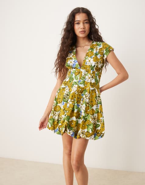 Glamorous V-neck puffball mini dress in large brown green floral - view 1