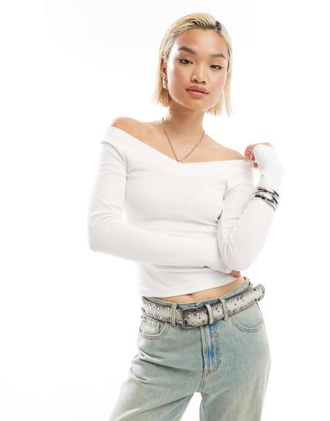 Glamorous v neck ribbed long sleeve top in white - view 1