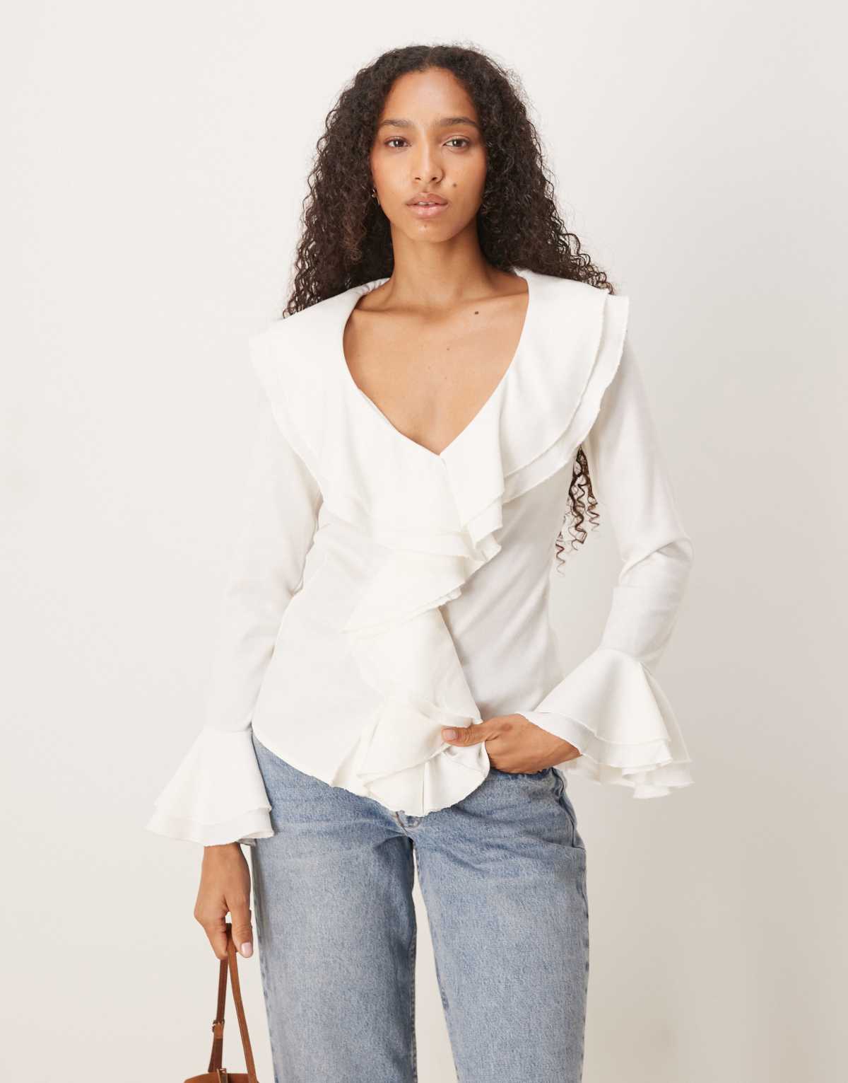Glamorous V-Neck Ruffle Trim Blouse in off white