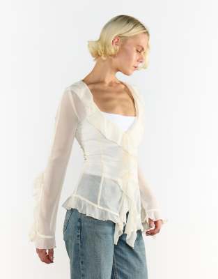 Glamorous V-neck Sheer Frill Blouse In White