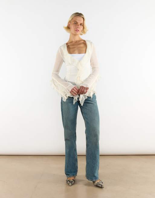 Glamorous V-Neck Sheer Frill Blouse in cream, 2 of 4