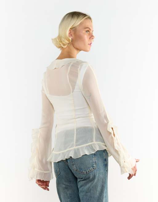 Glamorous V-Neck Sheer Frill Blouse in cream, 4 of 4