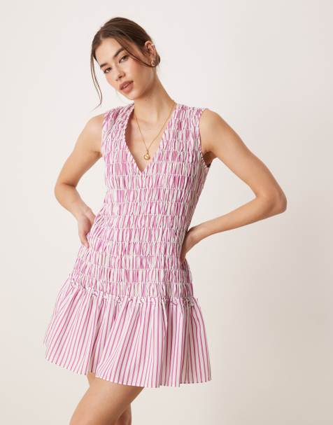 Glamorous v-neck shirred mini dress in white purple stripe