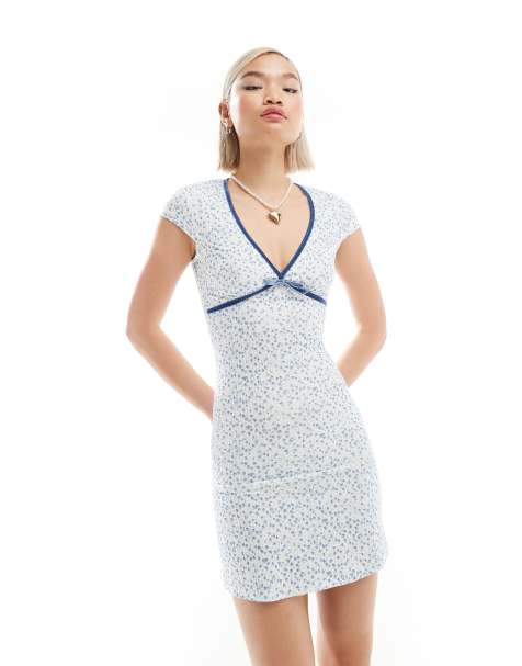 Glamorous v neck short sleeve mini dress in vintage blue ditsy and velvet ribbon trim - view 1