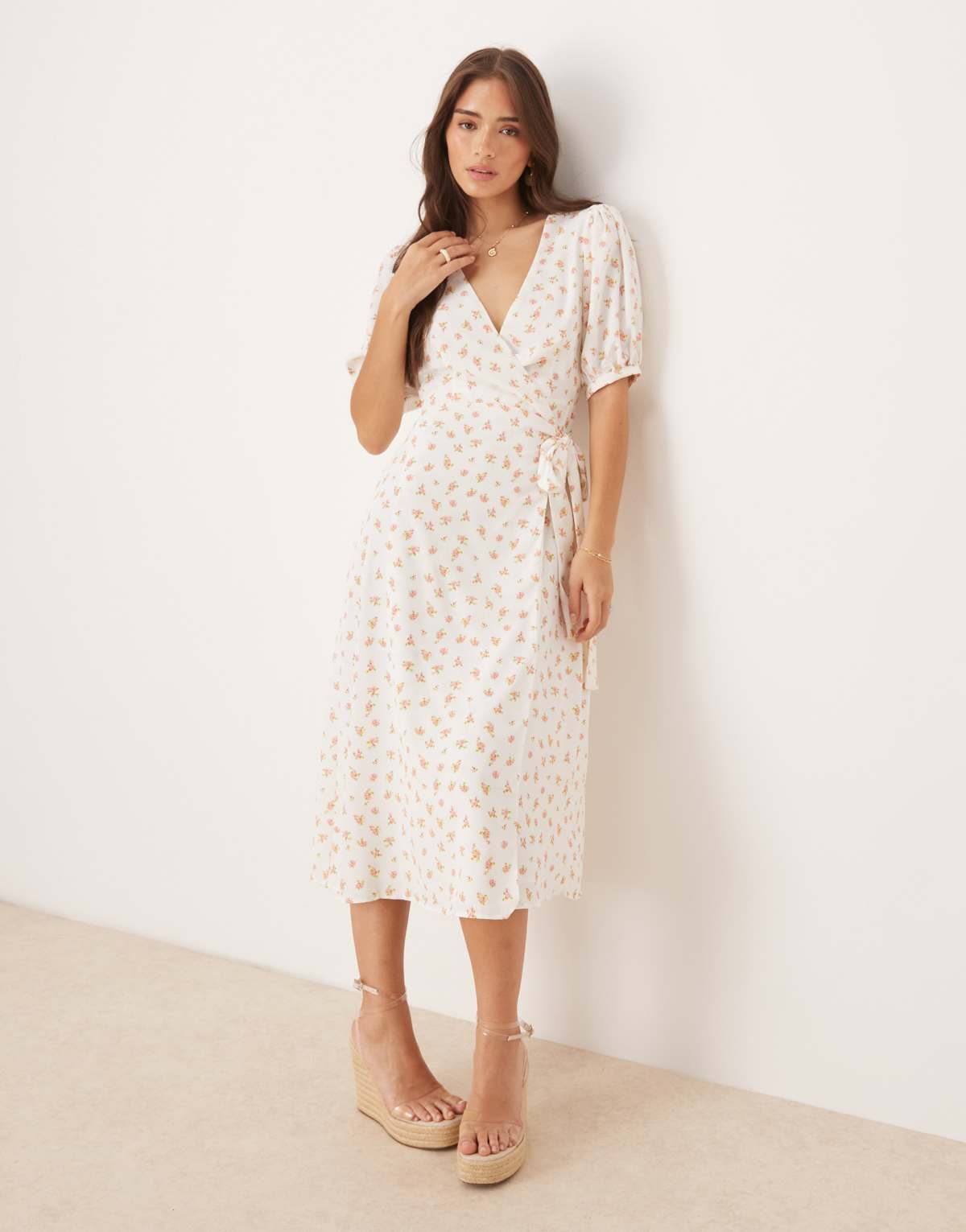 Glamorous V neck short sleeve mini dress in white pink ditsy