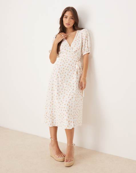 Glamorous V neck short sleeve mini dress in white pink ditsy