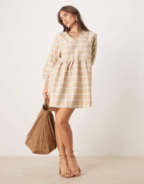Glamorous V-neck skater mini dress in stone cream check - view 1
