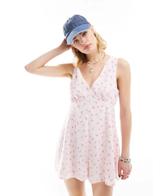 Glamorous v neck swing romper in cream red ditsy