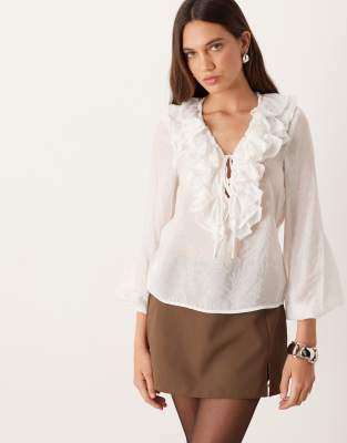 Glamorous V-neck Tie Front Ruffle Trim Blouse In White