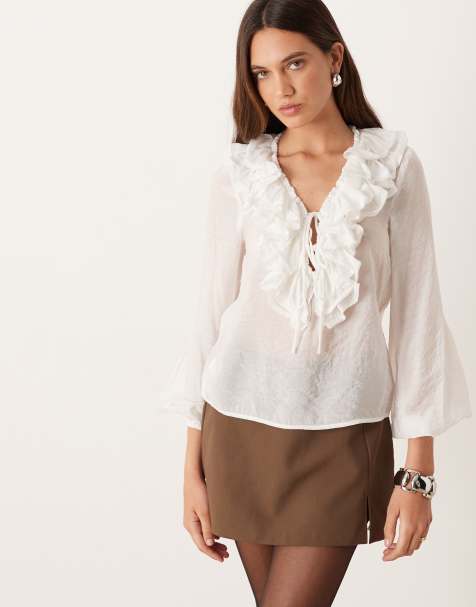 Glamorous V-Neck Tie Front Ruffle Trim Blouse in cream - view 1