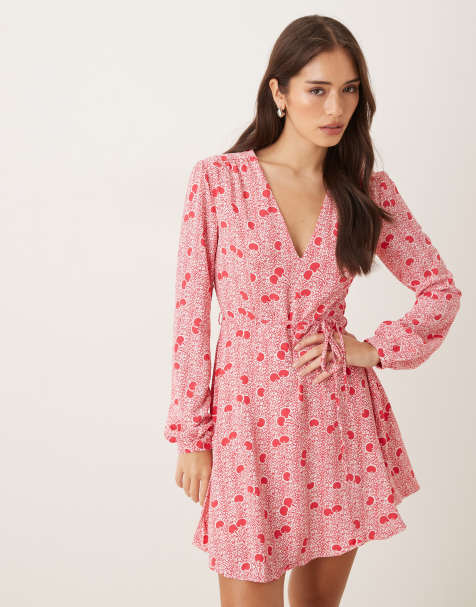 Glamorous V-neck tie waist mini dress in cherry print