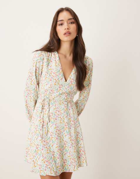 Glamorous V-neck tie waist mini dress in citron orchid ditsy