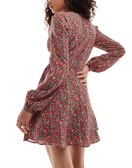 Glamorous v neck tie waist mini dress in red floral, 2 of 4