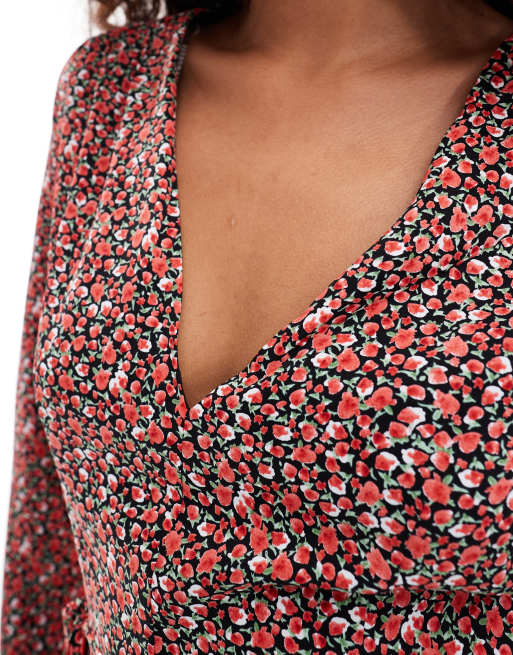 Glamorous v neck tie waist mini dress in red floral, 3 of 4