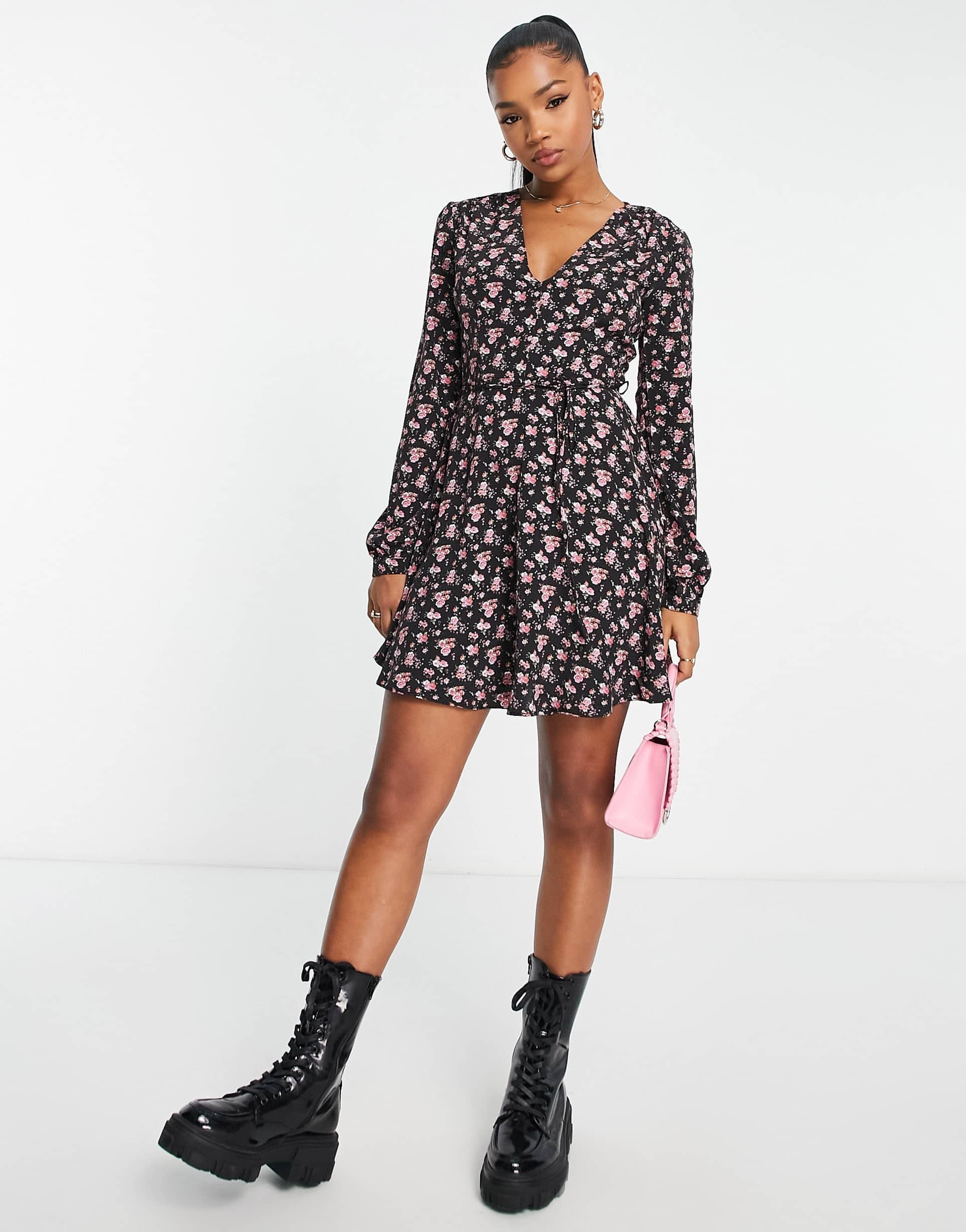 Glamorous v neck tie waist mini dress in vintage rose floral view 2
