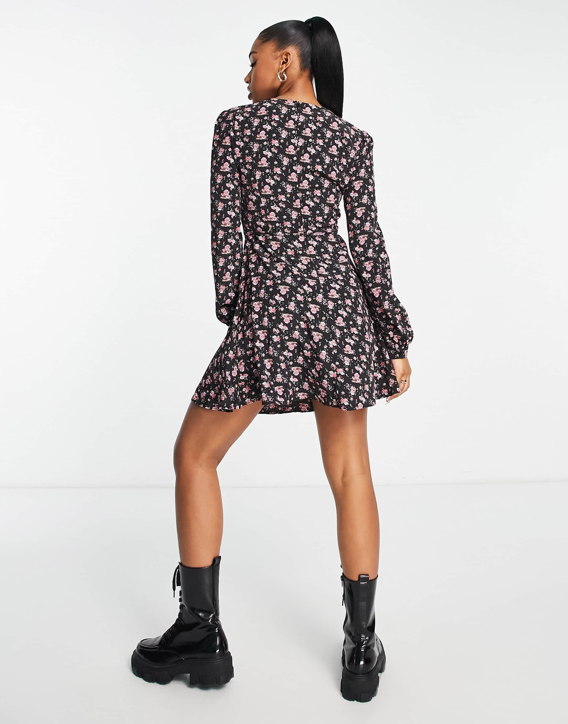 Glamorous v neck tie waist mini dress in vintage rose floral view 3