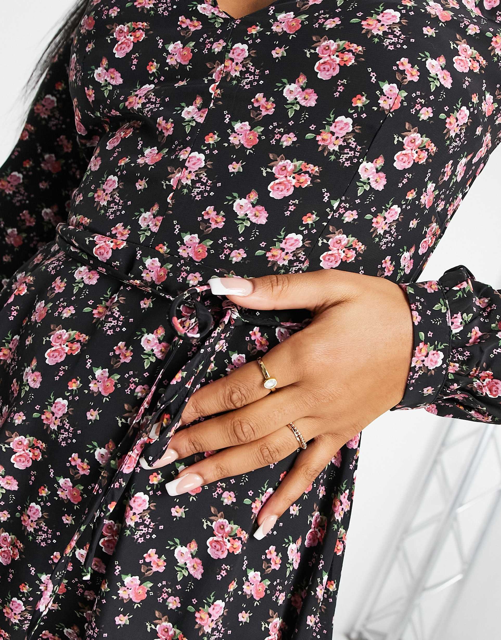 Glamorous v neck tie waist mini dress in vintage rose floral view 4
