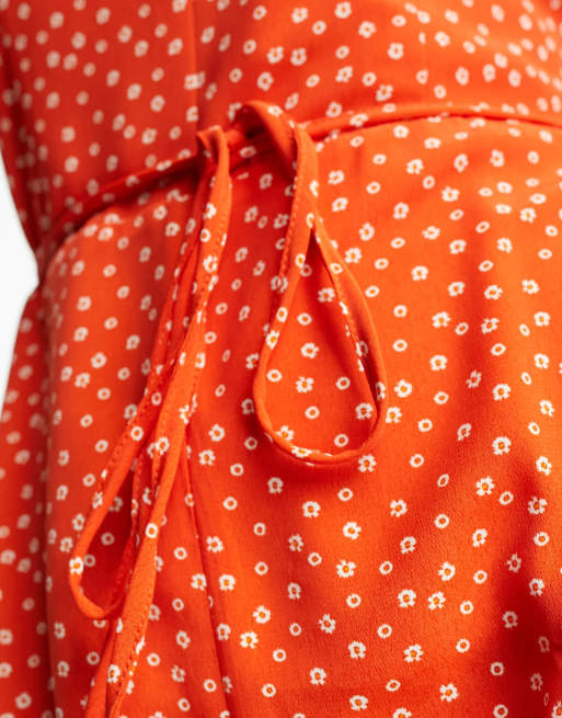 Glamorous v neck tie waist tea playsuit in red orange ditsy, 3 of 4