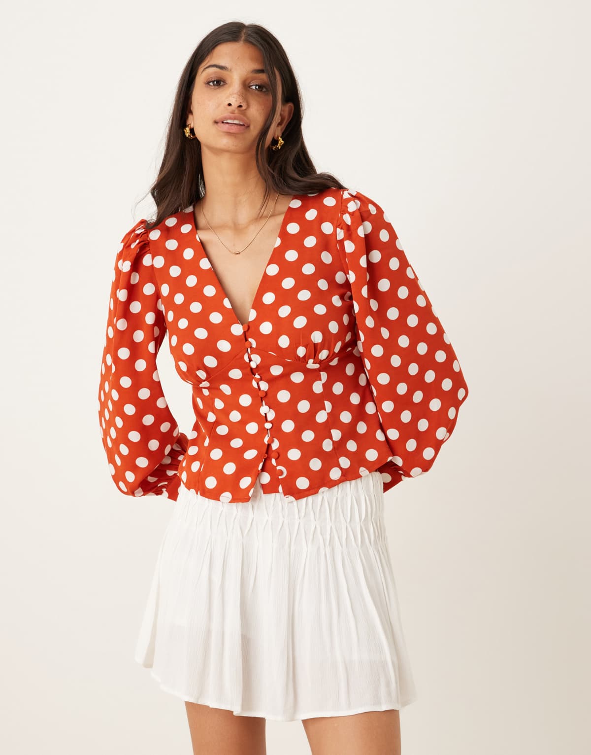 Glamorous V-Neck Top With Puff Long Sleeves in rust white polka