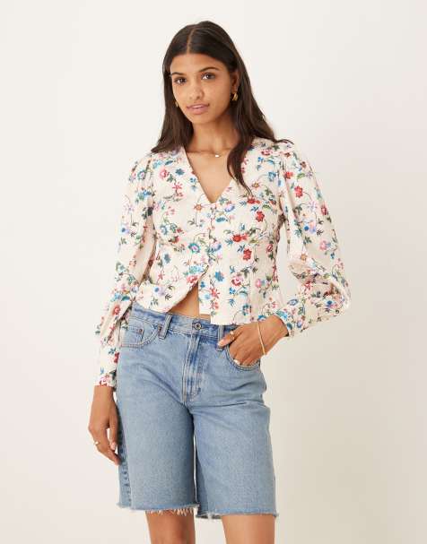 Glamorous V-Neck Top With Puff Long Sleeves in stone multi floral - view 1