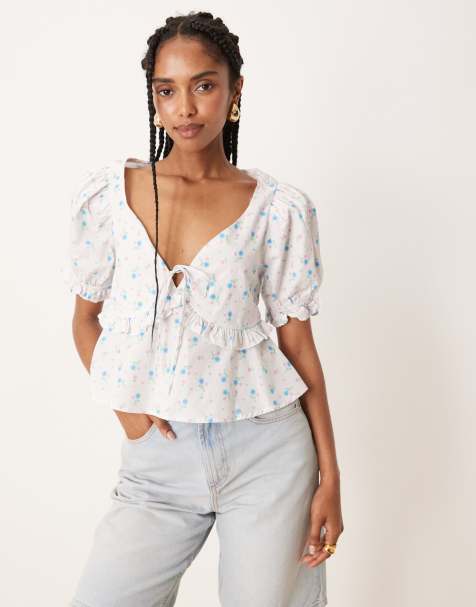 Glamorous v neck tops in white blue pink ditsy - view 1