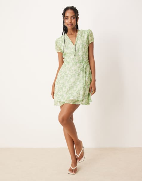 Glamorous V-neck waist tie mini dress in apple green ditsy - view 1