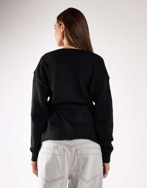 Glamorous V neck wrap knit cardigans in black, 2 of 4