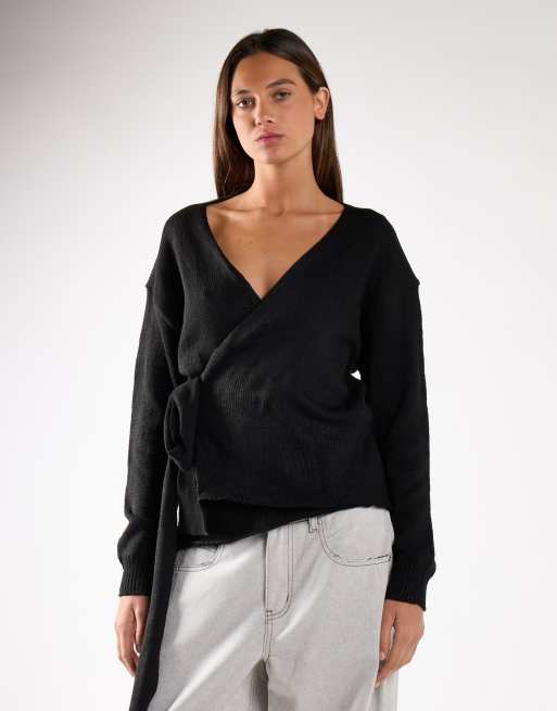 Glamorous V neck wrap knit cardigans in black, 3 of 4